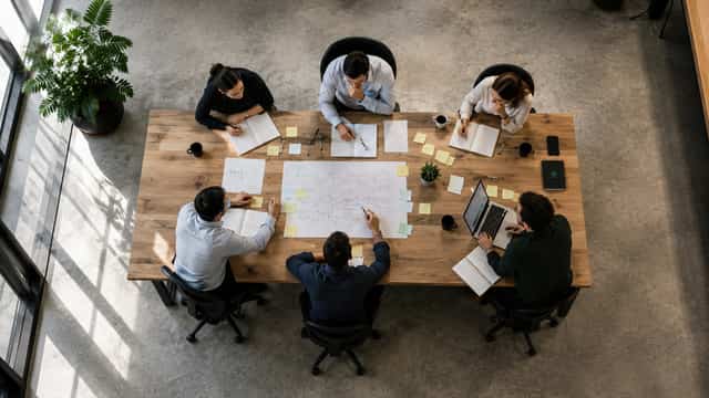 Equipo reunido alrededor de una mesa